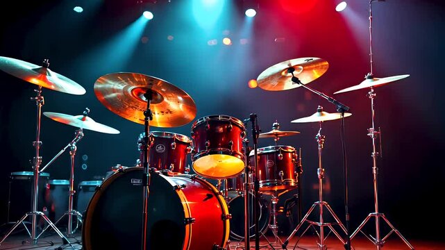 Drum kit on stage under colorful lighting setup in dark concert environment