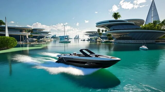 Futuristic boat speeds through lagoon city
