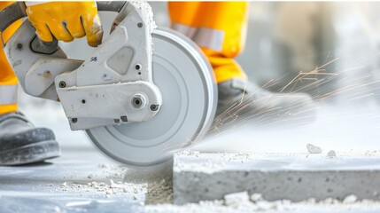 Concrete slab cutting with an industrial saw, sparks flying from precise cutting, ultra-detailed sharp action shot