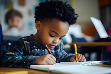 Black little child taking notes on notebook during lesson