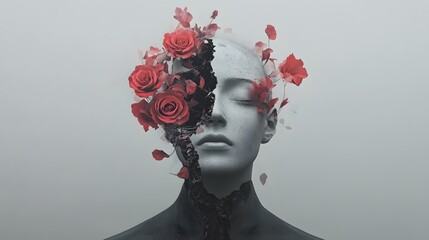 Intricate relationship between beauty and fragility captured in a surreal blend of roses and a broken statue