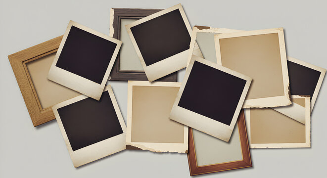 Assorted photo frames and instant photos with weathered edges, a vintage feel