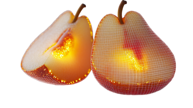 Robotic pear slice with digital grid and glowing edges on a plain white background with no shadows.