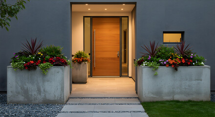 Fototapeta premium Elegant modern home entrance adorned with vibrant floral arrangements and concrete planters