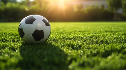 Fototapeta premium Soccer ball on grass with shadow on left side of image.
