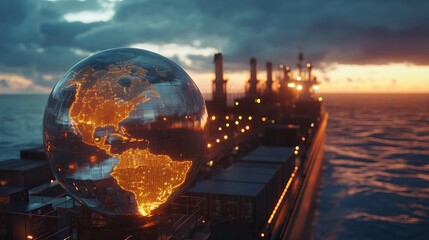 Global trade and logistics concept cargo ship with world map for import export business and transportation