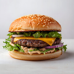 Delicious juicy burger with melted cheese, lettuce, and onions