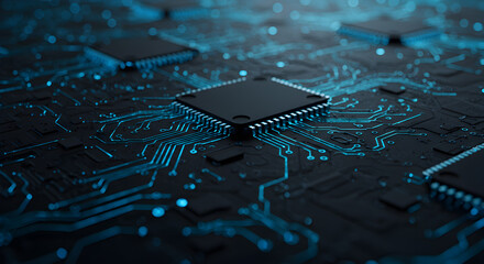 Futuristic cybernetic circuit board design with neon blue interconnecting pathways