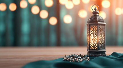 Decorative lantern casting warm light on a cloth surface with bokeh
