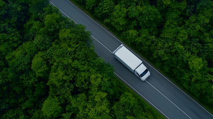 Aerial View Of White Truck On Forest Road