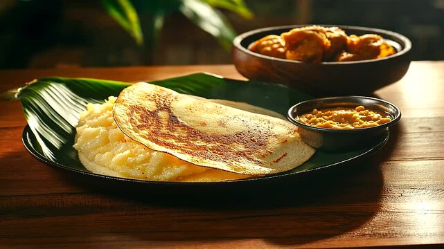 A bright, flavorful South Indian breakfast arrangement with a golden-brown dosa elegantly folded on a banana leaf, a bowl of creamy ven pongal, crispy medu vada, and colorful chutn