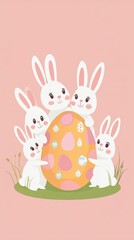 Obraz premium Cute cartoon bunnies with decorated easter egg on pink background