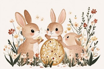 Fototapeta premium Adorable cartoon bunnies with decorated egg in floral meadow