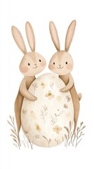 Obraz premium Two cute cartoon rabbits hugging a floral decorated egg in pastel colors