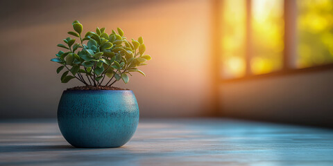 Small jade plant in a contemporary pot situated near a window with warm sunlight illuminating the background