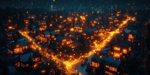 Fototapeta premium Winter Night Lights: Aerial View of a Cozy Suburban Town