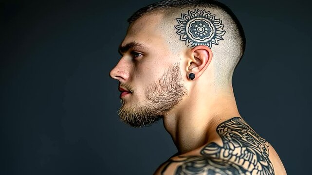 A close-up of a side-profile of a tattooed man, showcasing a bold, blackwork mandala covering his shaved scalp, perfectly symmetrical.