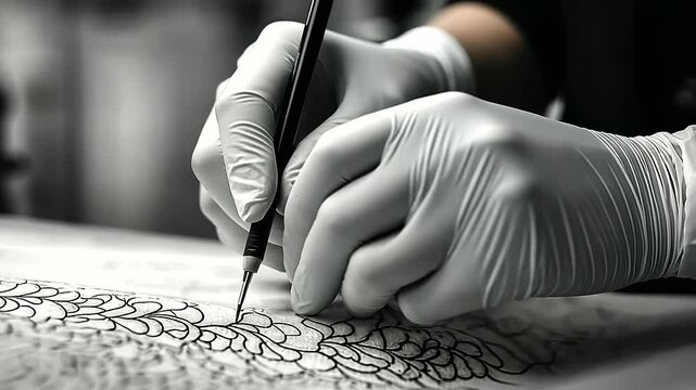 A close-up of a tattoo artist&rsquo;s gloved hands working on an intricate blackwork tattoo, needle buzzing as fresh ink is applied to the skin.
