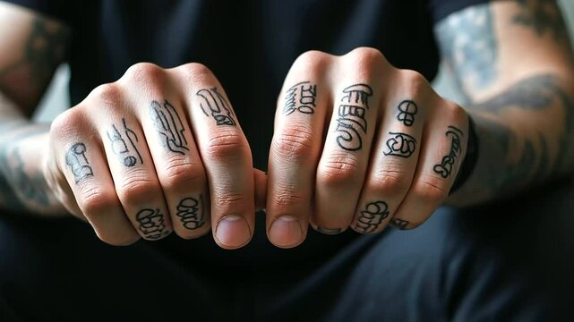 A close-up of hands covered in fine-line tattoos, detailed script and tiny symbols elegantly wrapping around the fingers and knuckles.