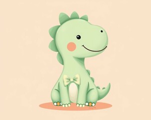 Naklejka premium Adorable green dinosaur with a cute bow tie, sitting happily on a soft background. Ideal for childrens illustrations, cartoons, and imaginative play. Great for educational materials!