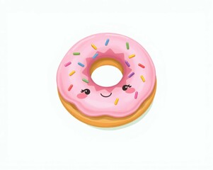 Obraz premium Cute animated donut with a pink frosting and colorful sprinkles on a white background. Perfect for children's illustrations, cartoons, and sweet educational materials.