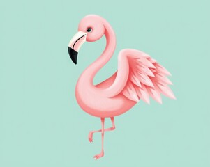 Fototapeta premium Adorable pink flamingo with its elegant stance on a soft pastel background. Ideal for childrens illustrations, cartoons, and playful educational materials.