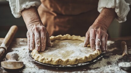 Fototapeta premium A person creating a pie crust by hand with tools