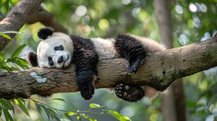 Obraz premium Adorable Panda Napping on a Tree Branch in a Lush Forest