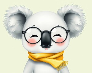 Fototapeta premium Adorable cartoon koala wearing glasses and a yellow scarf, smiling cheerfully on a light green background. Ideal for children's illustrations, cartoons, and educational use.