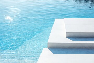 Minimalist pool design with white concrete steps and crystal clear water