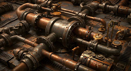 Complex arrangement of aged metal pipes, valves and dieselpunk mechanical elements