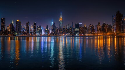 Fototapeta premium Night Lights of Midtown Manhattan: A Stunning Reflection