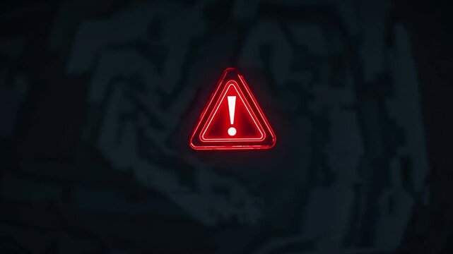 Warning sign glowing bright red, blinking against dark textured surface, signaling critical alert with dramatic light leak effect