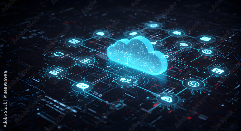 Poster illuminated cloud computing network with connected devices and cybernetic feel
