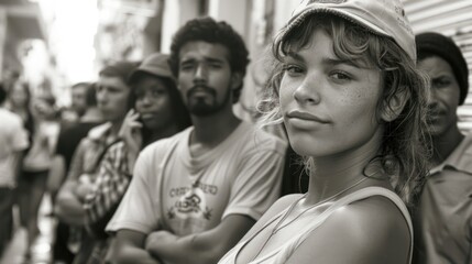 Black and White Street Portrait of a Young Woman in a Crowd