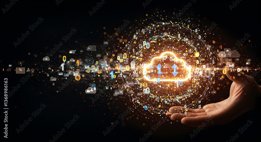 Poster digital cloud computing visualization with glowing data stream in human hand