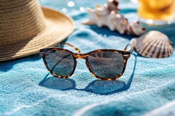 Sunglasses on blue towel with seashells and hat near poolside beverage