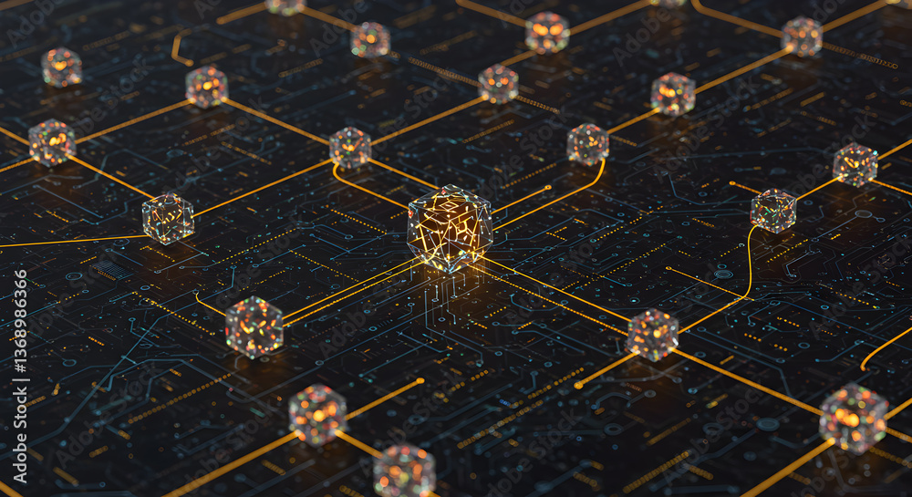 Poster interconnected digital network with luminous cubes and circuitry pattern