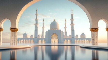 Obraz premium Grand white mosque with ornate archway and reflective water surface