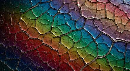 Iridescent crackled surface with rainbow hues and fractured texture close up