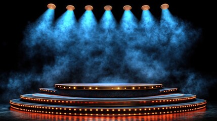 Stage Illusion: A captivating theatrical stage, bathed in a mesmerizing display of lights, exudes a sense of anticipation and drama, beckoning performers to the forefront.