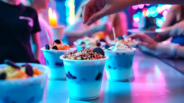 A fun and interactive frozen yogurt-making experience, with hands reaching to add toppings like crushed Oreos, almonds, and caramel sauce, with a background filled with party decor
