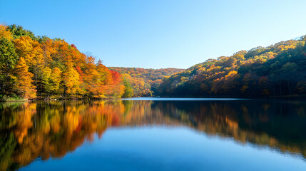 Fototapeta premium Autumn Colors Reflect On Calm Lake