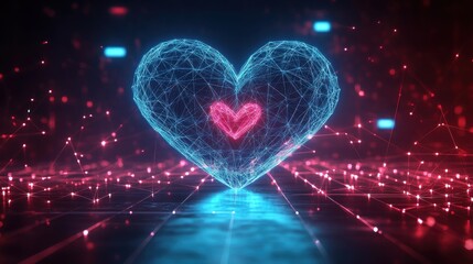 Futuristic glowing heart made of digital lines	