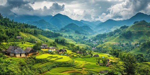 Obraz premium Lush green rice terraces under a dramatic sky with mountains in the background.