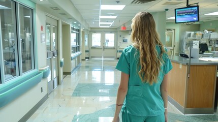 Obraz premium Nurse Walking Down Hospital Corridor