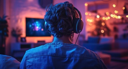 Obraz premium Young Man Enjoying Immersive Audio Visual Experience at Home