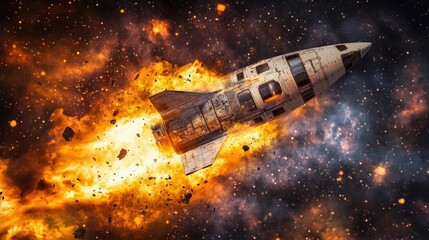 Obraz premium Exploding spacecraft amidst fiery debris, stars.