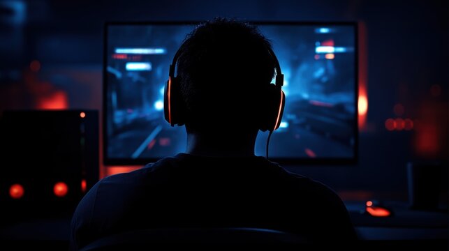 Gamer playing video game in dark room	