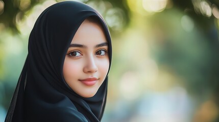 Beautiful muslim woman in hijab portrait photography with soft natural light and blurred background outdoors